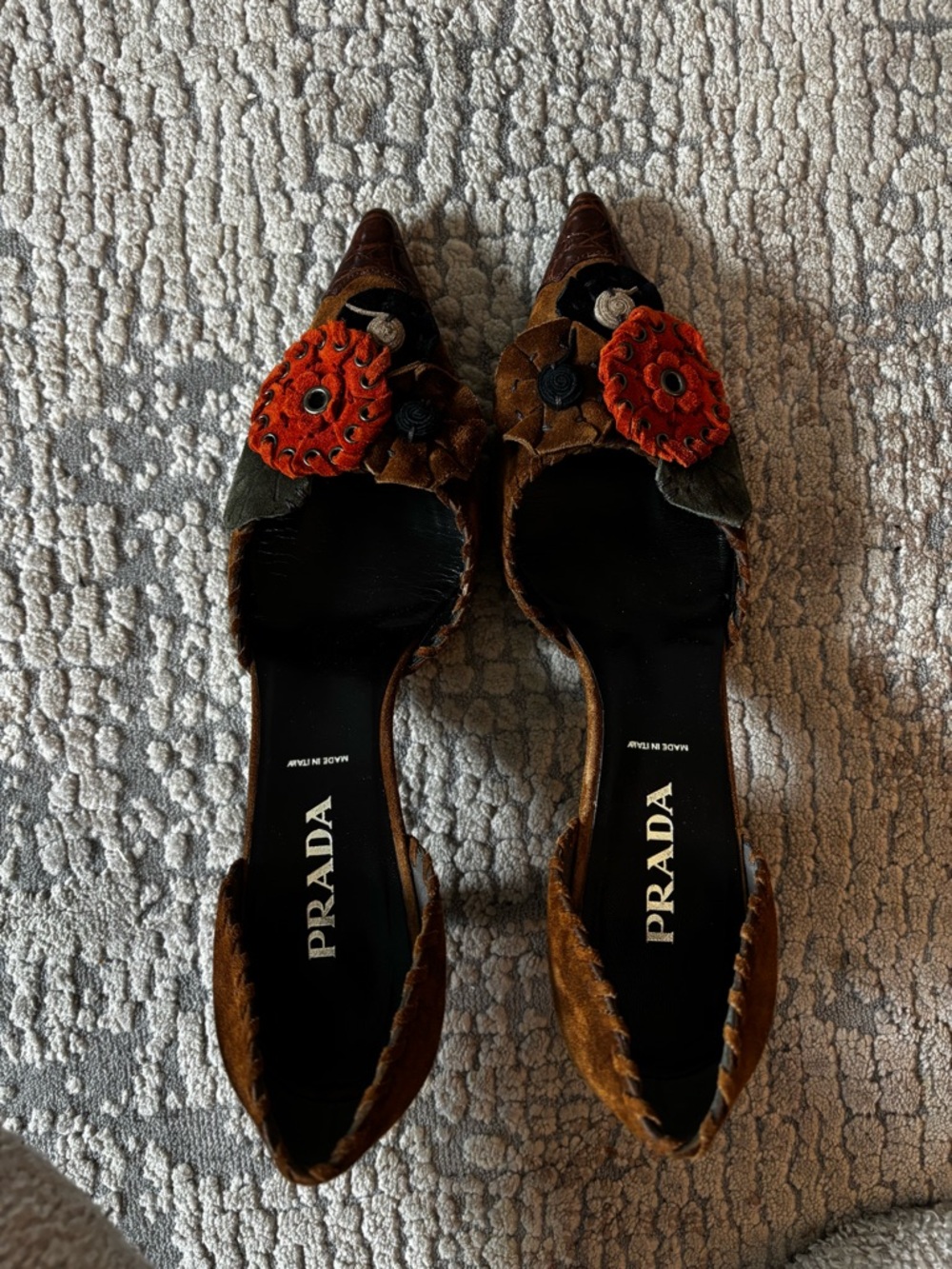 PRADA Brown suede  Pointed Flats with Orange Floral Appliqués Womens 37